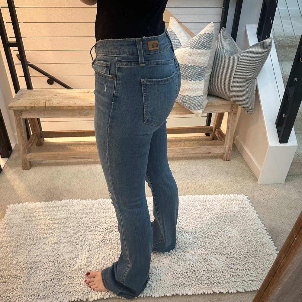 PAIGE Lou Lou Flare Jeans Low Rise Distressed Blue Denim | Size 27 - Picture 6 of 13